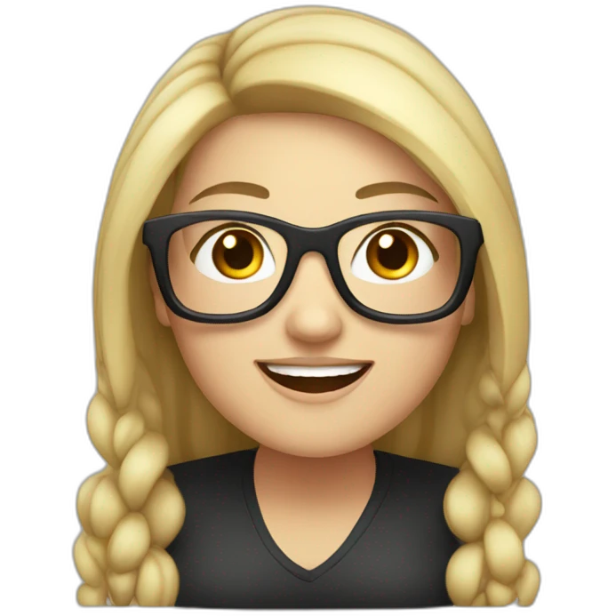 A chubby white young woman with black long hair glasses and smiling emoji