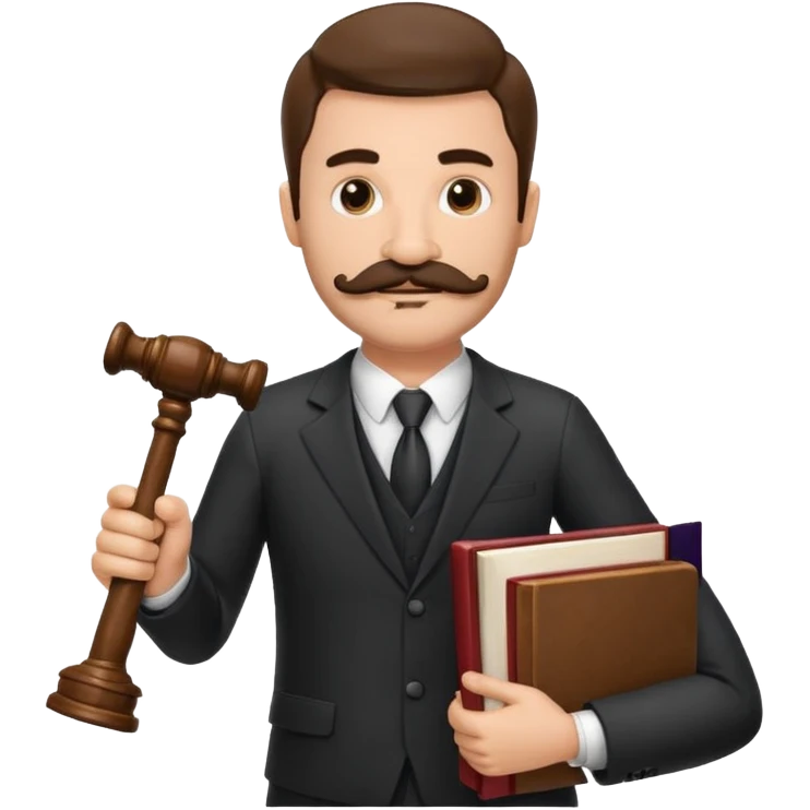 Create a male lawyer. he is wearing a fromal suit jckeret. He is holding a gavel in one hand and a book tucked under his another arm. He has a mustache and BEARD both! emoji