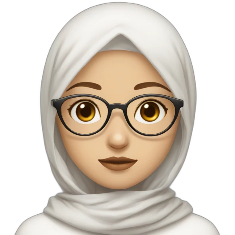 Hijab white fair skin girl brown eyes wearing round circular metal glasses, no make up, small lips,big cheeks, almond eyes, triangle nose emoji