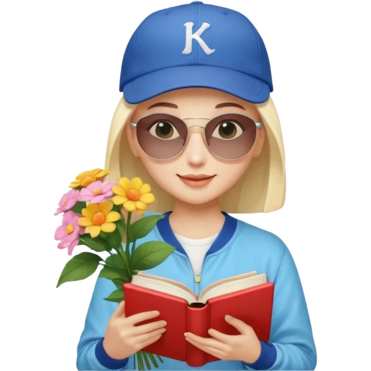["A happy girl with light skin, bald, wearing a baseball cap and sunglasses, dressed in K-pop fashion, is reading a book while holding a flower bouquet."] emoji