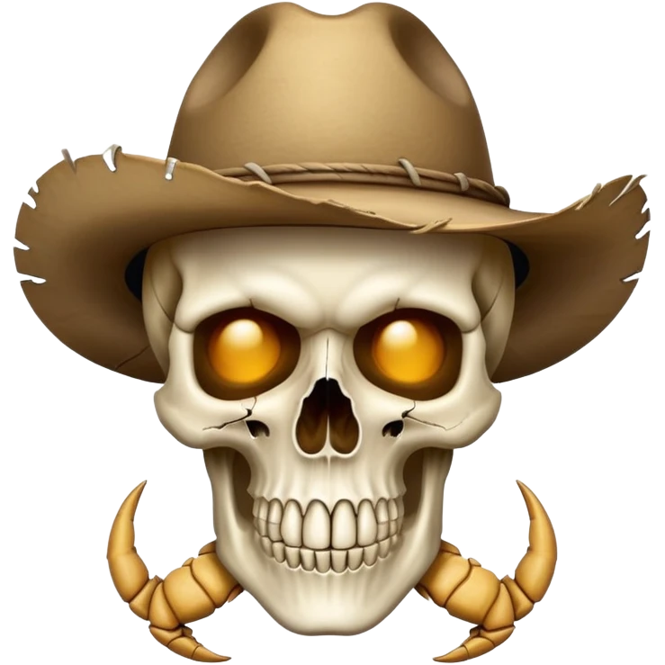 A white skull with an imprint of scorpion on the cheek wearing a tattered cowboy hat emoji