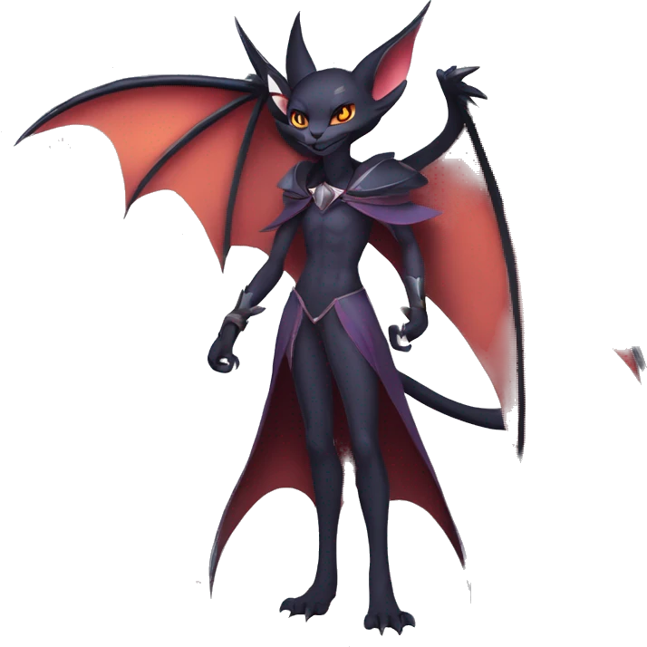  Anthro Kawaii Edgy Cool Vampiric Demonic Beautiful Noivern-Nargacuga-Litten with big Bat Ears and wearing a cape full body emoji