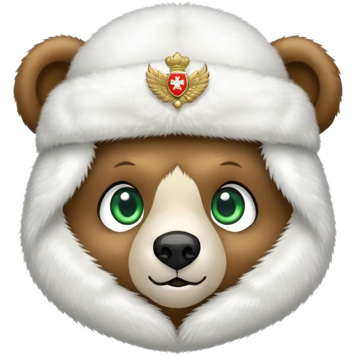 Adorable bear head with big green eyes and soft expression, wearing white fluffy ushanka with detailed Russian emblem in center, iOS emoji style emoji