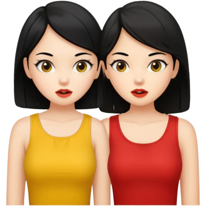 2 girls gossiping. both are fair and have black hair. One has short hair, one has long. One is wearing yellow, one is wearing red emoji