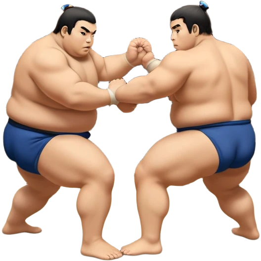 Two sumo wrestlers in a classic dohyo ring, each displaying powerful stances and ready to engage in a fierce match. One wrestler attempts a pushing attack, while the other counters with a thrust. The background shows the traditional sumo arena and spectators. Transparent background. emoji