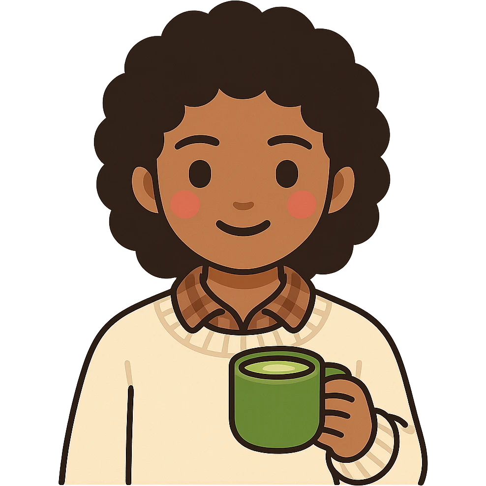 aesthetic black girl with light skin, wearing a cute cream colored sweater with a flannel shirt underneath, holding a matcha in her hand, with cute minimal blush, emoji style emoji