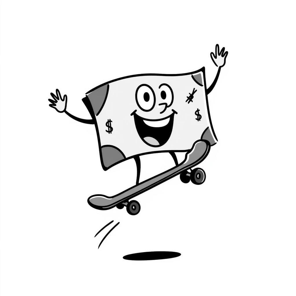 a hand drawn doodle of money riding a skateboard emoji