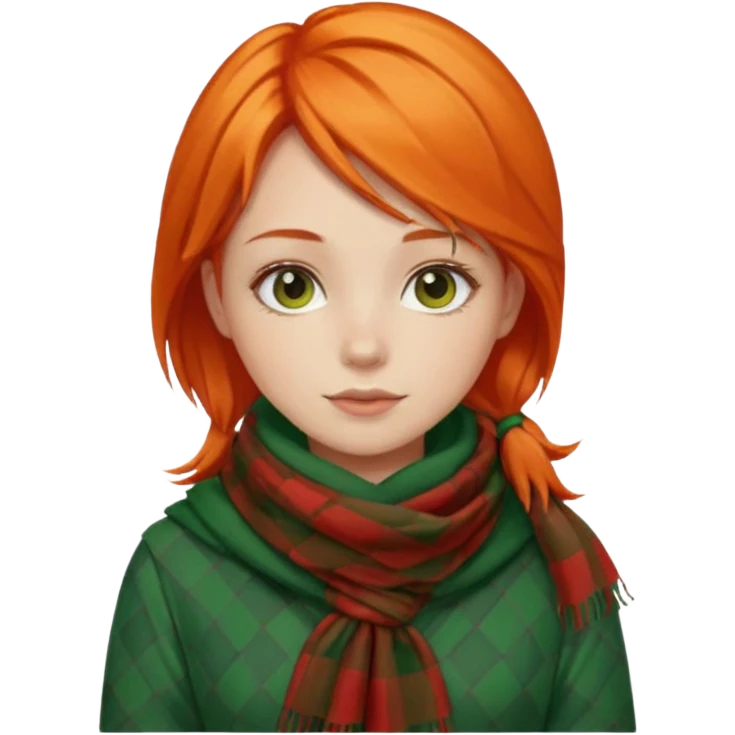 girl orange hair, wear red checkered scarf, green dress emoji