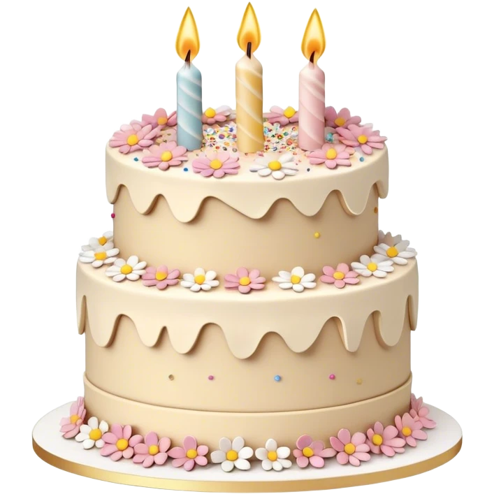 Layered, detailed beige and white birthday cake with buttercream frosting flowers and sprinkles, 3D emoji