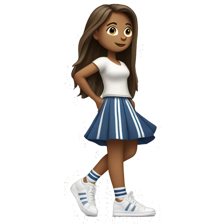 girl with long brown hair and long flowy skirt and sneakers with adodas stripes, from profile,  lifting one leg backward body emoji