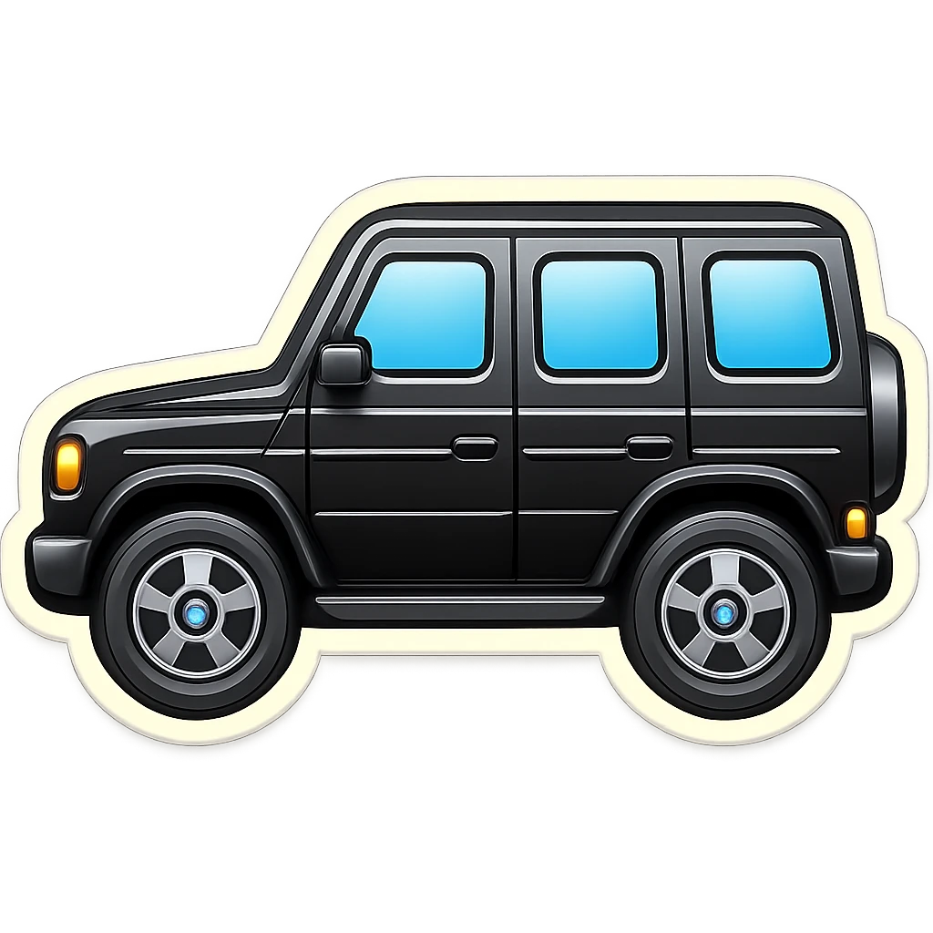 Make this Mercedes G-Class emoji even simpler, closely matching the style of the provided car emoji references: very minimal details, rounded shapes, cartoonish proportions, glossy look, large windows and wheels, and a black body. Side view, no background, no small features or realistic textures. emoji
