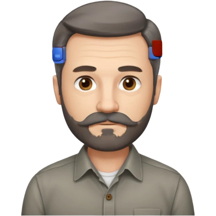 50 yr old white man, pale skin, dark grey hair with some brown highlights, side swept part, groomed moustache and beard emoji