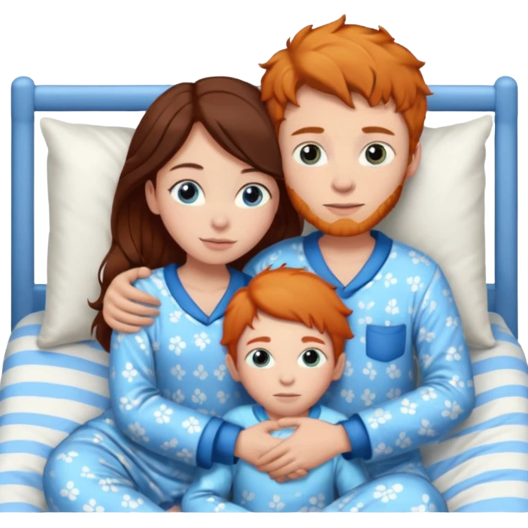 Ginger boy hugging girl with very dark brown hair. Both have blue eyes. They are in bed.  emoji