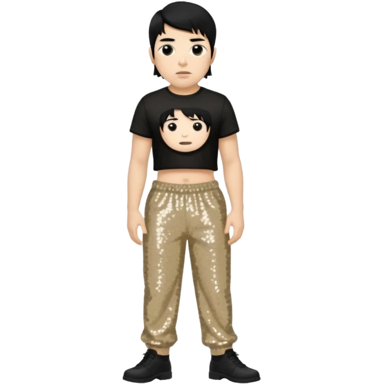 Chino Moreno with black hair, black sequin crop top, beige sequin baggy pants emoji