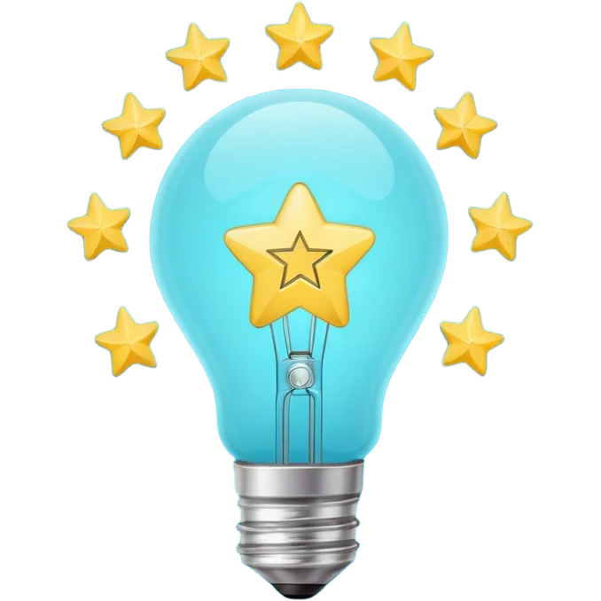 Light bulb icon with three small stars inside the bulb, flat emoji style, outline with blue and turquoise colors, white background emoji
