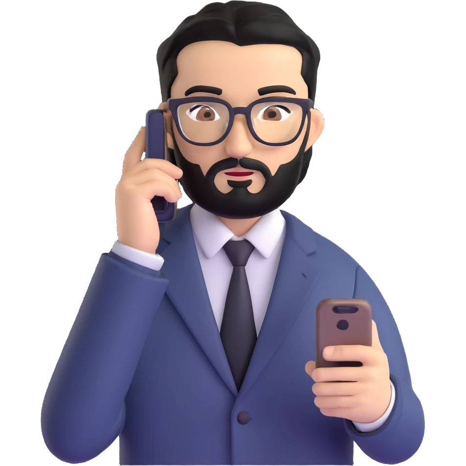 businessman with medium black beard, black hair styled to one side, connected unibrow, olive skin, brown eyes, glasses, prominent nose, in formal black jacket, focused on using smartphone touchscreen, with subtle modern office environment in background emoji