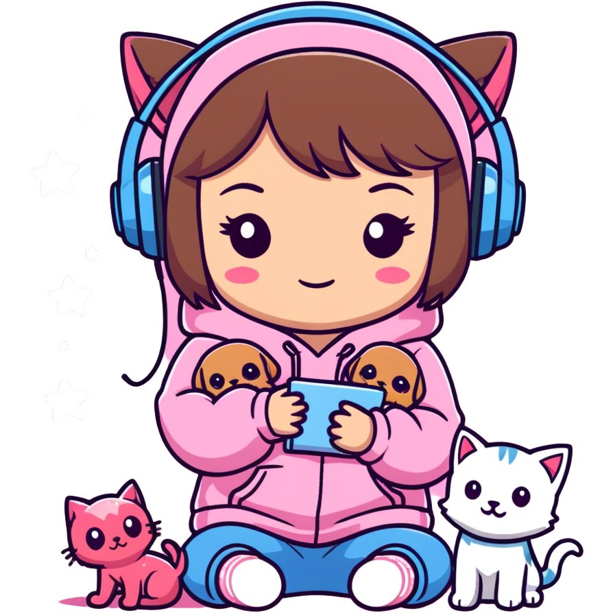 A brown-haired cartoon girl, chibi style, in a pink sparkly hoodie with headphones on, surrounded by hearts, stars, and a puppy and kitten cuddling at her feet. emoji