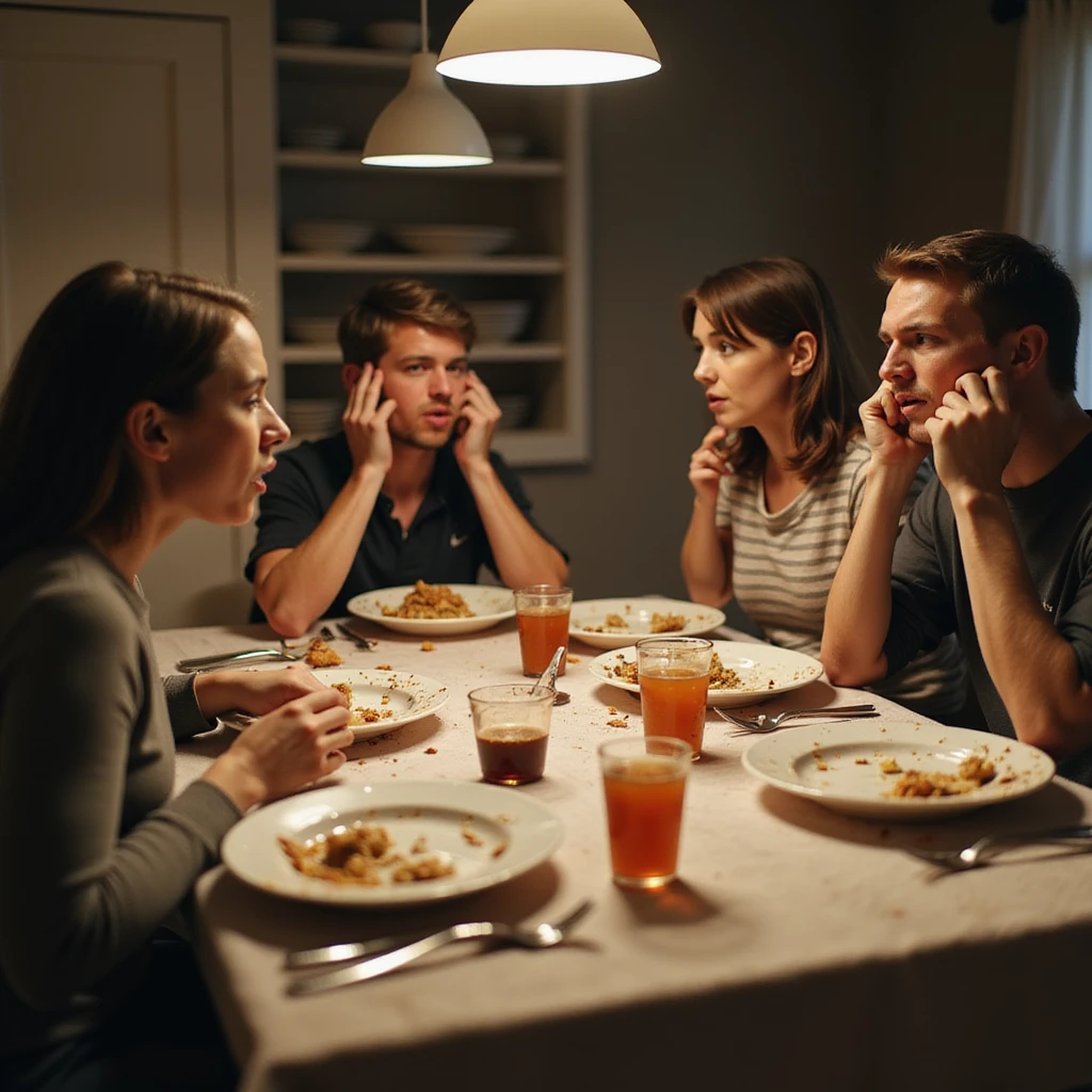 Family arguing at the dinner table, angry and frustrated expressions, messy plates and cutlery, domestic environment, hyperrealistic details, 4K resolution emoji