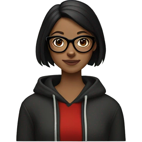 white girl with glasses is olive green colir and sholder length black hair and black hoodie and a red doberman  emoji