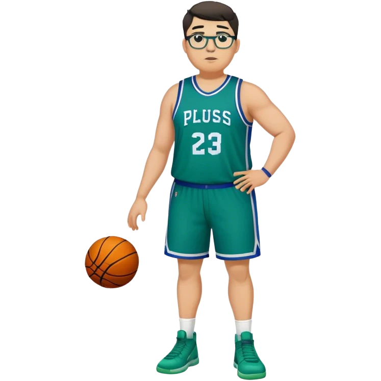 Full Body plus size white male with dark short hair  tall basketball player wearing glasses wearing blue green uniform emoji