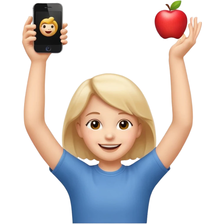 happy child dancing with a phone, arms above head, apple style emoji emoji