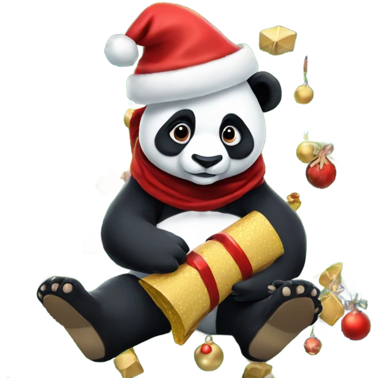 Panda wearing cowboy boots with a Santa hat on, sitting in a Christmas tree, holding a Christmas	 cracker, and make all of this look under the sea emoji