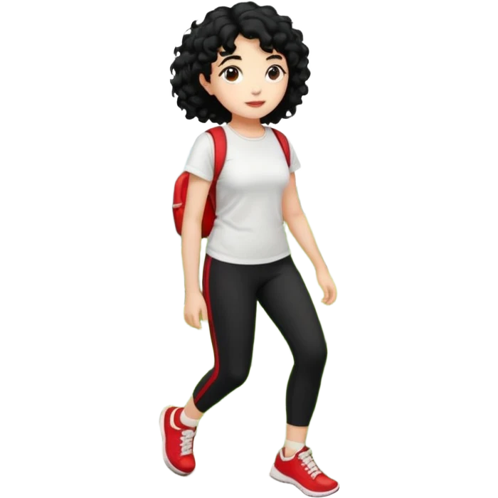 generate a pretty bratz fair skinned girl with curly black hair wearing a white tshirt trekking on a hill with red sneakers on and black leggings emoji