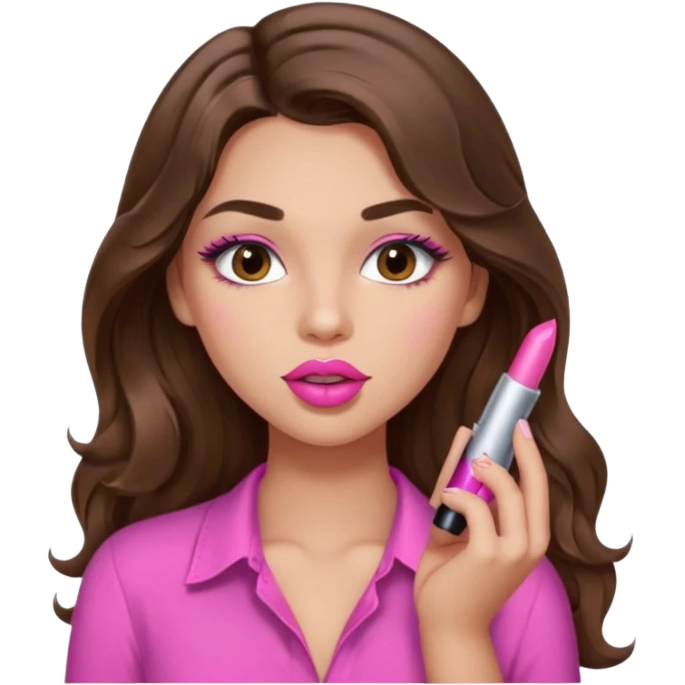girl with long wavy brown hair, brown eyes, light to medium complexion, in a pink sexy shirt, pink lips, long lashes, puckered lips, putting on lipstick emoji