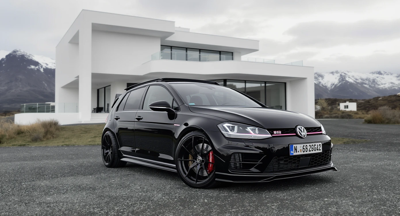 black Golf 4 with bodykit, in background is modern huge two flors white villa, in distance are iceland mountains, rule of thirds, shot on gopro hero, noise camera emoji
