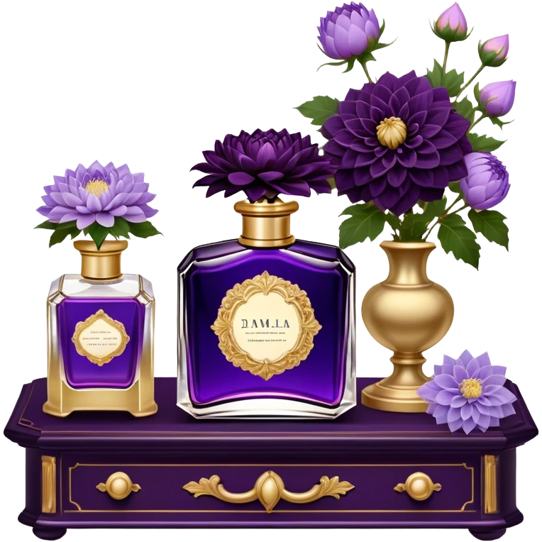 A dark amethyst vintage French-style perfume bottle with intricate golden detailing rests elegantly on an antique vanity. Surrounding it, delicate periwinkle dahlias and soft lavender sprigs add a touch of romantic charm. The glass reflects a warm glow from a nearby candle, enhancing its deep violet hues. The scent of aged vanilla and floral notes lingers in the air, evoking an aura of timeless elegance. emoji