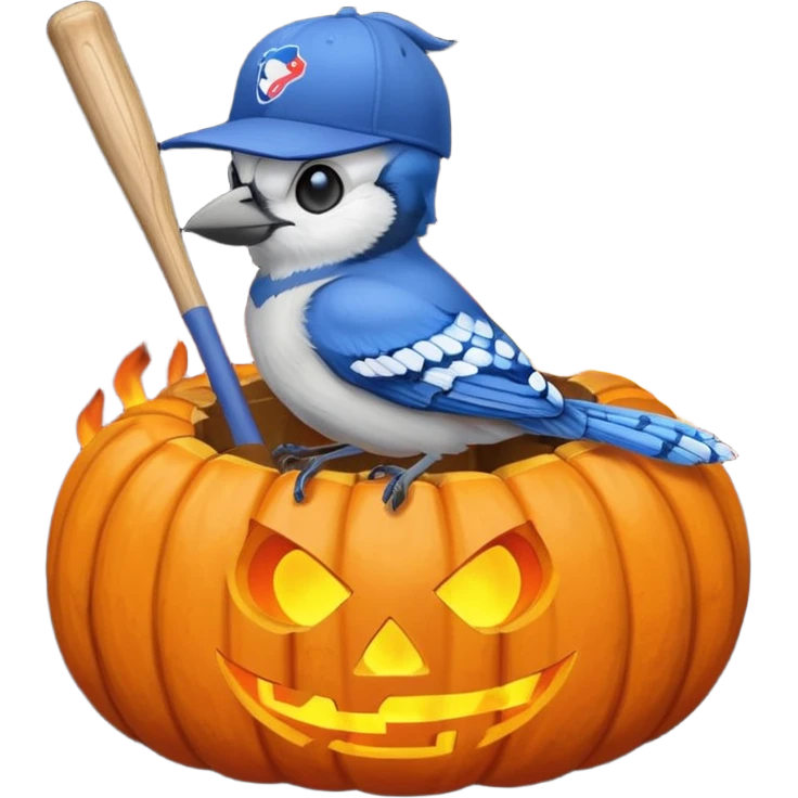 bluejay sitting on scarey Halloween fire inside pumpkin wearing MLB bluejay baseball hat holding a bat emoji