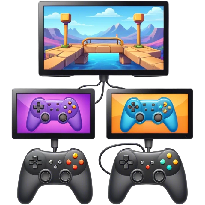 An icon showing two monitors with gaming interfaces, connected by a wire. Each monitor displays a different game screen, with two gamepads placed nearby, symbolizing multiplayer gameplay. transparent background. emoji