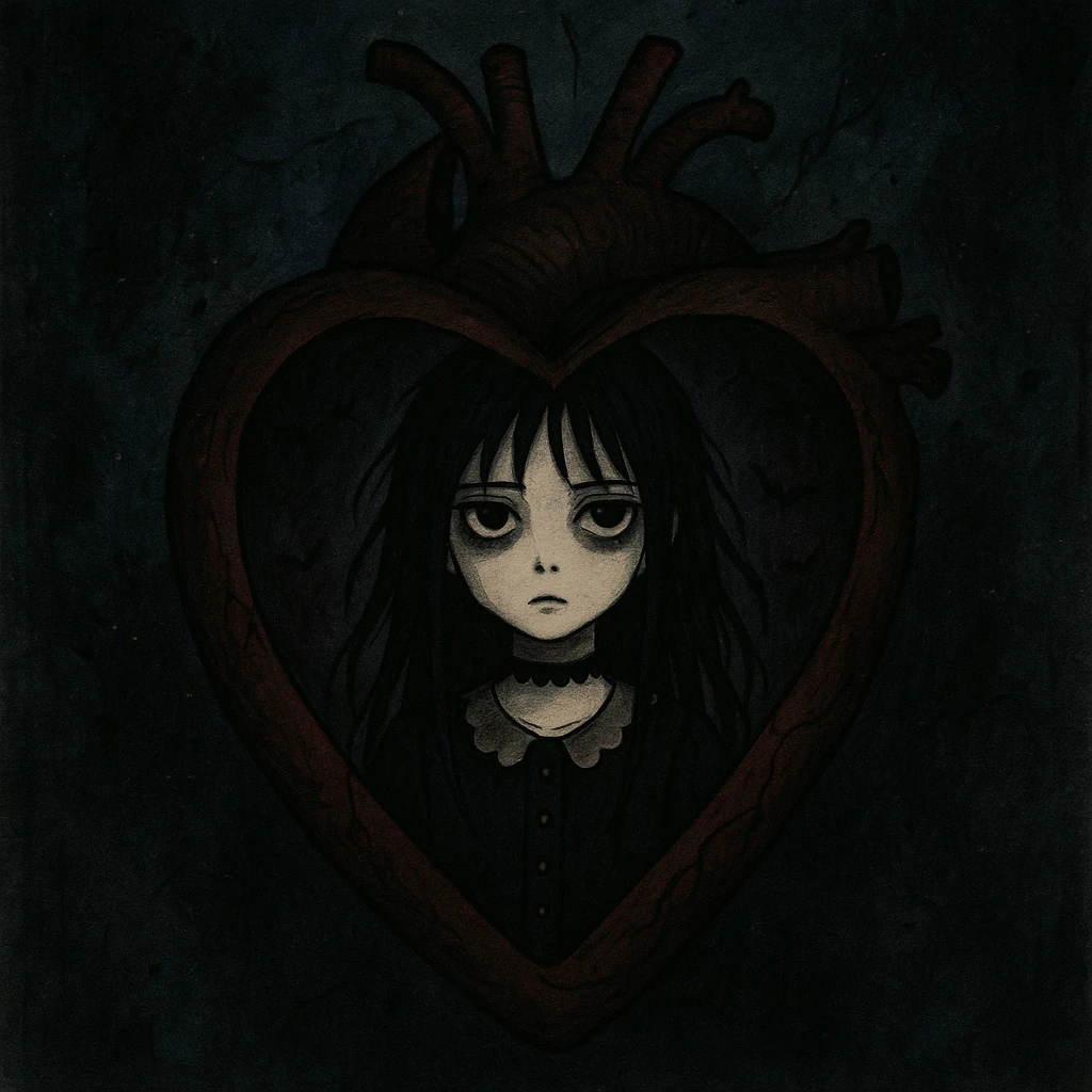 a heart with a goth girl inside, illustrative style, dark details, mysterious atmosphere emoji
