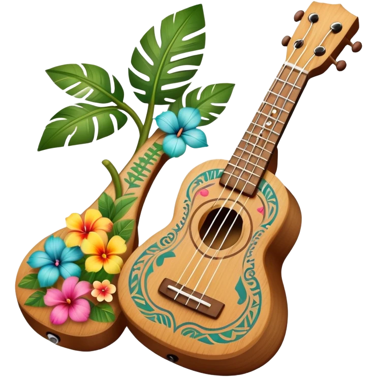 Ukulele with Polynesian carvings with flowers behind it emoji