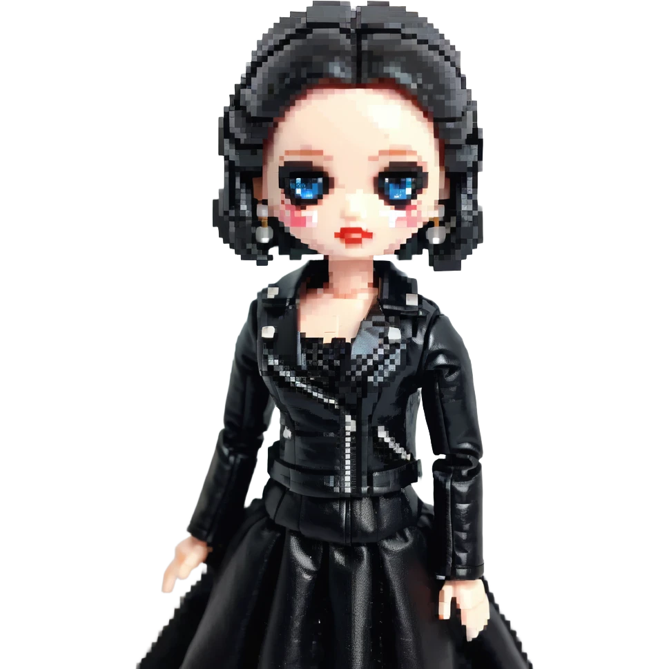 Chucky's bride doll wearing a black dress and black leather jacket, with dark makeup emoji