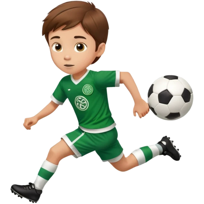 Brown hair 6 years old boy footballer RUNNING playing soccer wearing celtic uniform ( jersey) # 17 in the jersey !  emoji