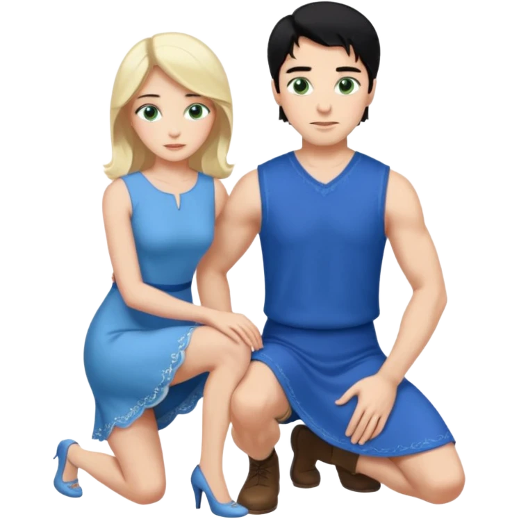 prince, upright, black Hair, blue eyes, blue garment,  Woman, blonde Hair, Green eyes, bending knee, sleveless White Dress, emoji