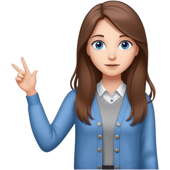 a young woman with long brown hair and blue eyes, with a in a cute gray cardigan and presenting on a white board emoji