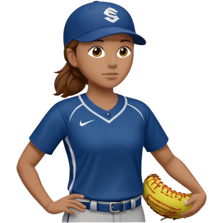 Softball pitcher pitching the ball from side view with brown hair and dark blue jersey and no hat and a face guard emoji