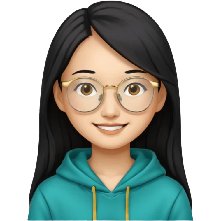 generate a smiling chinese female with long black hair, golden rim glasses, and a teal hoodie emoji