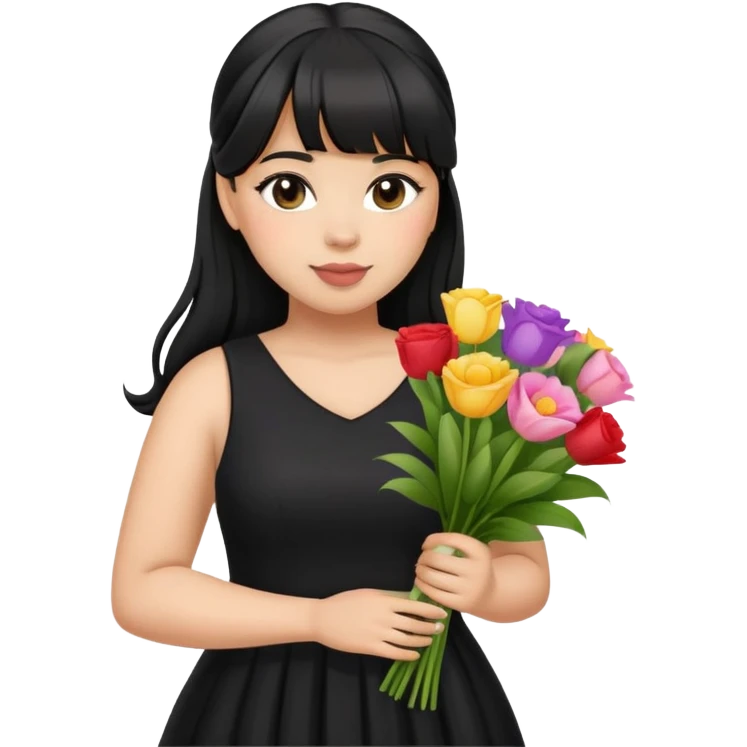 Latina girl with bangs black long hair in pony tail plus size black dress holding a bouquet of flowers  emoji