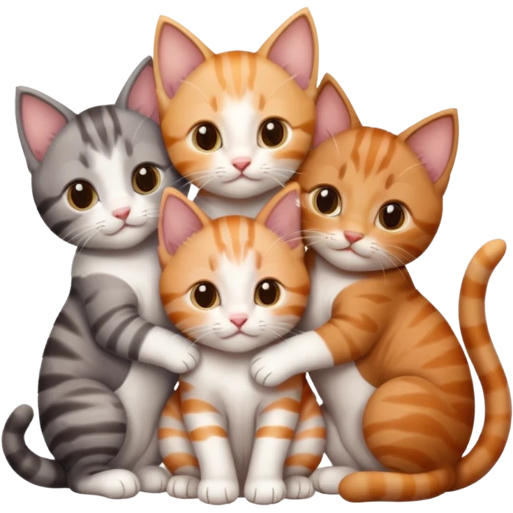 3 kittens cuddling together all different colours, the first one is grey and white, the second is ginger and white and the third is brown tabby and white emoji