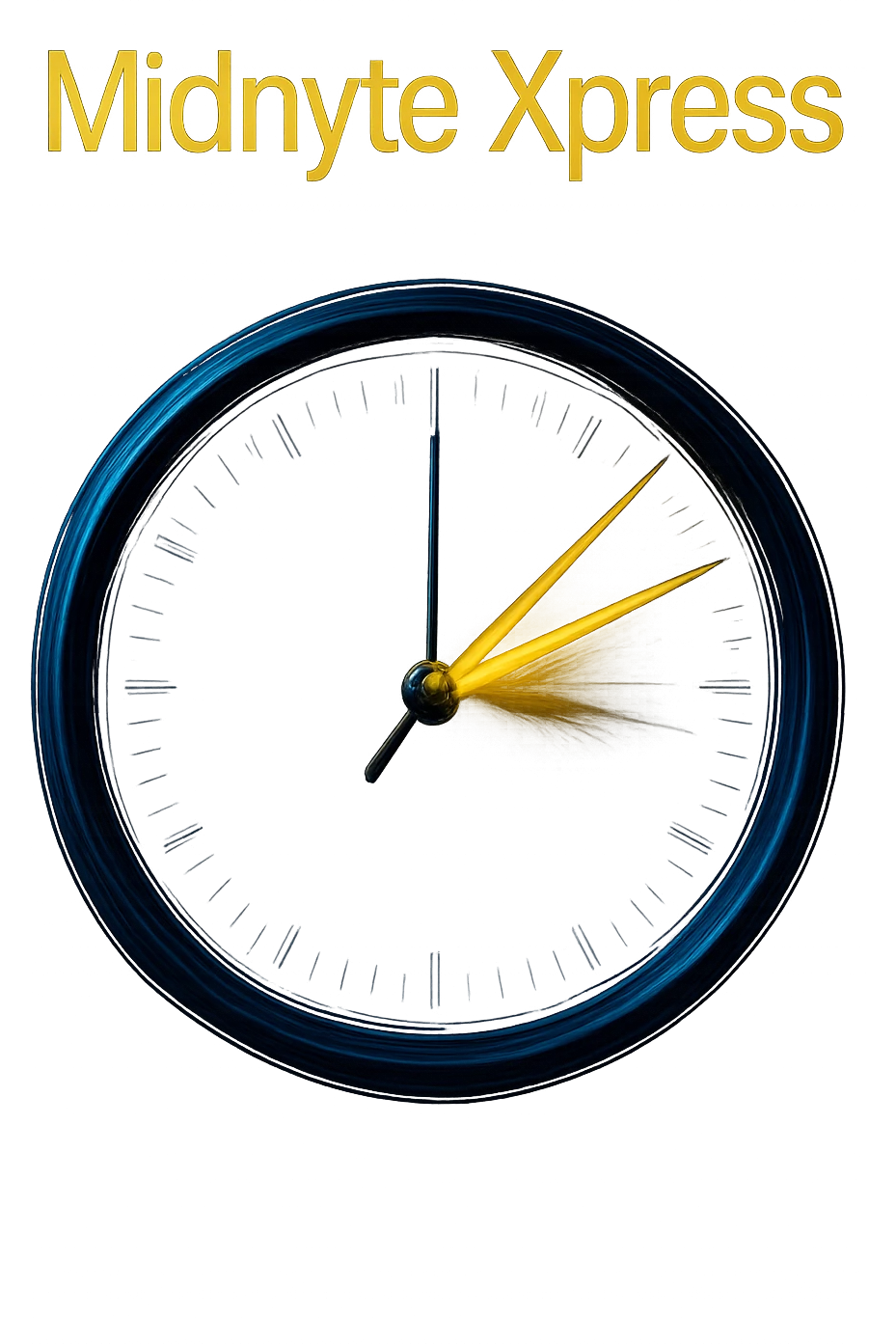 Change the clock face color to deep blue, keeping the motion blur on the hands, glowing effect, realistic style, and 'Midnyte Xpress' text above. Transparent background. Maintain the realistic style and effects as in the original images. emoji