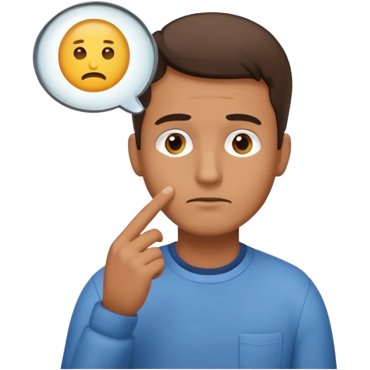Realistic emoji-style man in simple everyday clothes, looking thoughtful and analytical. A thought bubble above his head shows a critical-thinking icon (question mark + magnifying glass). Soft lighting, expressive critical facial expression. emoji
