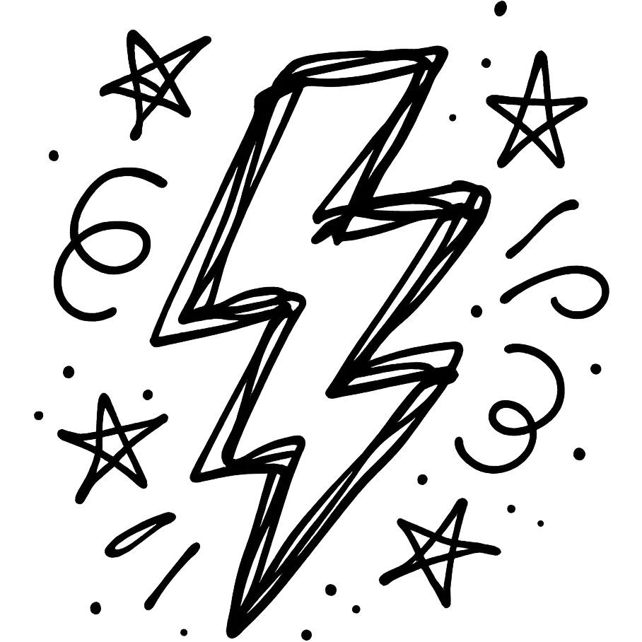 chaotic hand-drawn black outline icon of a lightning bolt with jagged, erratic edges emoji
