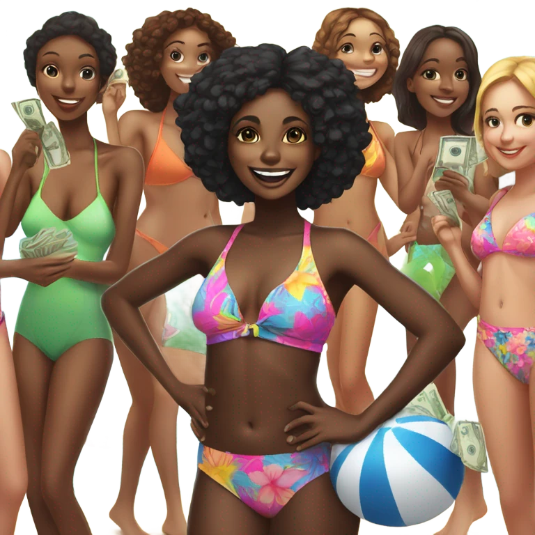 Black girl with money in a swimsuit with friends emoji