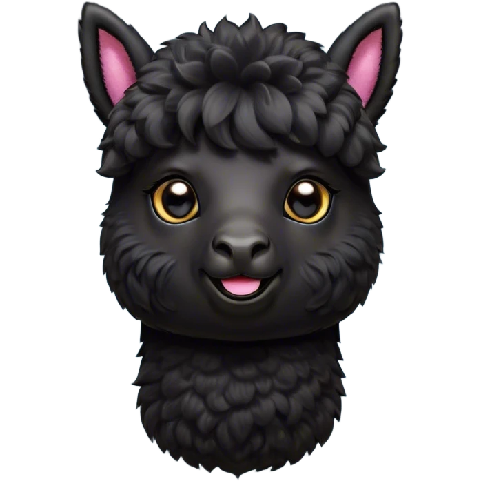 Cinematic Cute Black Alpaca Portrait Emoji, Head tilted playfully and inquisitively, featuring a plush, shiny jet-black fleece with a lustrous sheen, round, sparkling dark eyes filled with curiosity, Simplified yet irresistibly adorable features, highly detailed, glowing with a warm, friendly glow, high shine, affectionate and gentle, stylized with a touch of whimsy, bright and endearing, soft glowing outline, capturing the essence of a mischievous yet loving alpaca, so playful it feels like it could prance out of the screen and into your arms! emoji