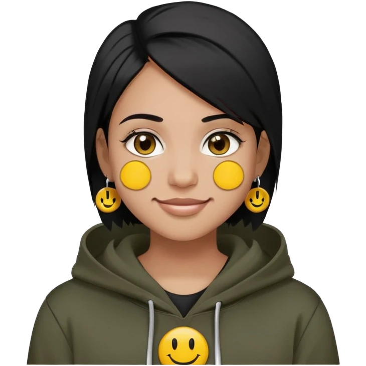 person with military cut black hair, brown eyes, wearing 2 circle earrings and a black hoodie with a smiley face emoji