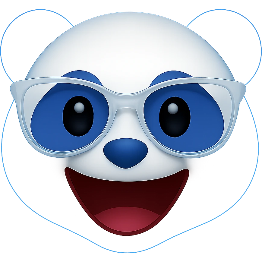 Add a subtle blue glow around the panda's head, keeping the playful 3D emoji look with white and #002FA7 blue coloring, translucent white designer glasses, and a big open-mouthed smile. Maintain the transparent background except for the glow. The style should resemble a 3D emoji style. emoji