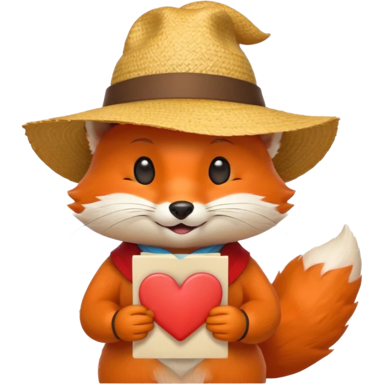 fox character, orange with white belly and fluffy tail, wearing a small festa junina accessory like a straw hat or bandana, holding a love letter with a heart on it, big heart eyes, cute affectionate smile, minimal background, emoji-style proportions, shiny and smooth Apple-like finish emoji